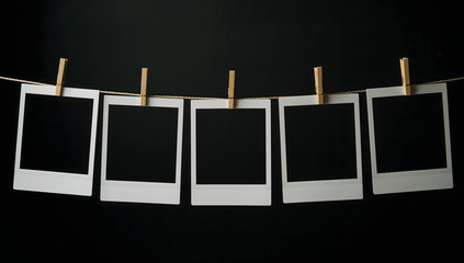 Blank Instant Photo Frames Hanging on Clothesline Against Black Background