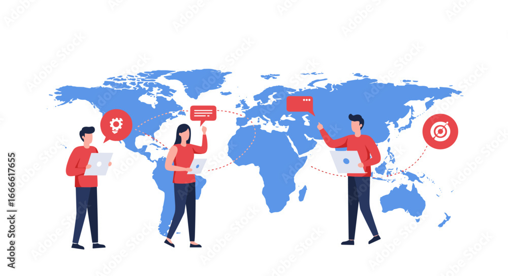 Poster global communication and networking with diverse team in flat design