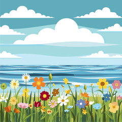 Obraz premium Colorful Wildflowers by the Ocean Under a Blue Sky with Clouds