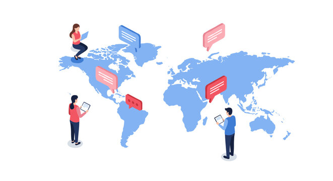 Global communication concept with people interacting on world map
