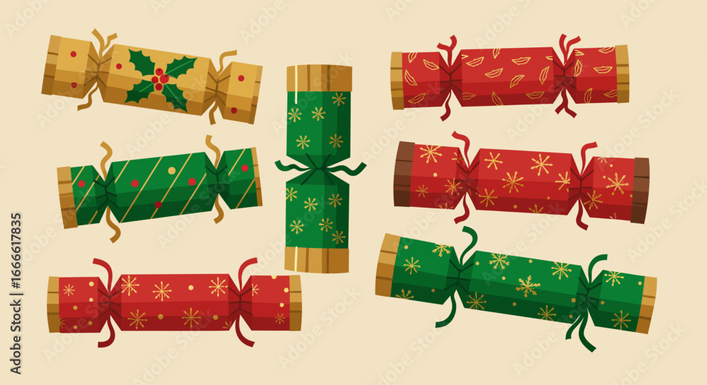 Poster festive array of christmas crackers with varying colors patterns tied ends on beige