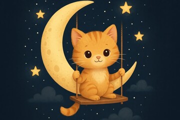 Fototapeta premium Cute kitten swings on moon.