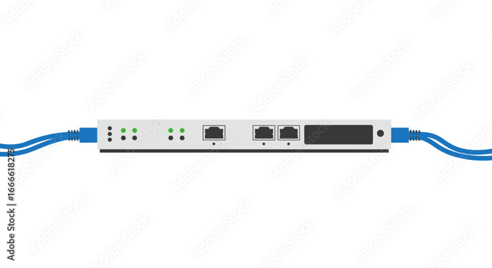 Poster network switch front view with ethernet cables and port indicators
