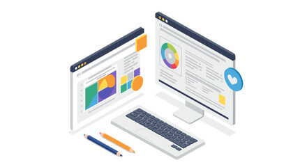 Isometric workspace with computer screens and graphical interface design
