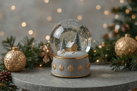 Elegant holiday snow globe with seasonal decorations on a neutral surface