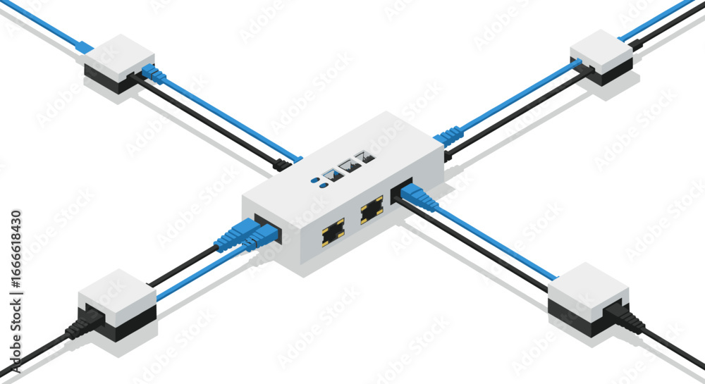 Poster isometric network switch with connected ethernet cables on white background