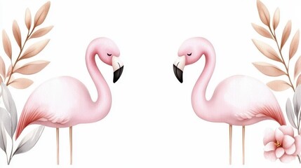 Obraz premium Hand drawn watercolor tropical flamingo birds wadding. Artistic avian illustration wading flamingo hand painted aquarelle exotic fauna tropic wildlife shorebird plumage vibrant