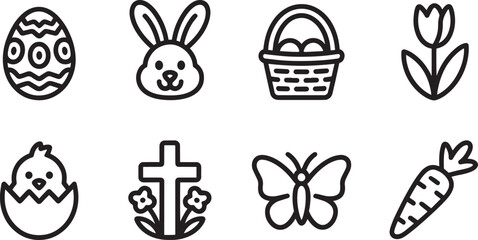 Fototapeta premium Spring Icons Set Line Art Style Featuring Egg, Rabbit, Basket, Tulip, Chick, Cross, Butterfly, Carrot