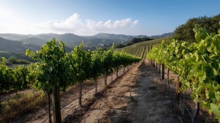 Fototapeta premium Golden sunrise illuminates rolling green hills with lush vineyard rows under soft mist, capturing agricultural abundance from a highangle wide shot with copy space