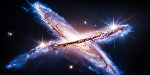 Intersecting galaxies forming glowing X-shape with stars and cosmic dust