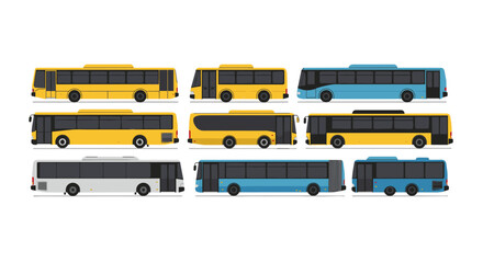 Collection of flat colored buses: side and back views for transport design