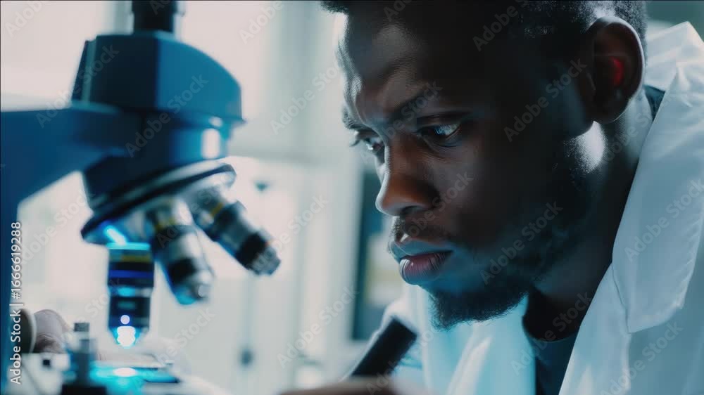 Aufkleber man focused on experiment in lab.