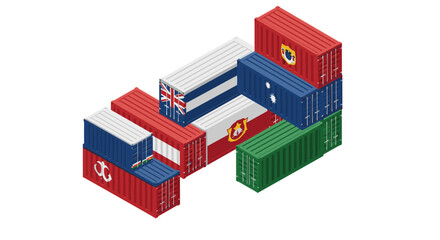 Isometric shipping containers with international flags and logos