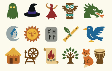 Folklore and Mythology Icon Set with Fantasy Creatures and Symbols