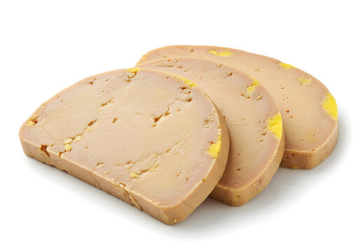 Delicate slices of creamy duck liver delicacy presented on a clean white background, offering a gourmet experience for culinary enthusiasts and food connoisseurs.