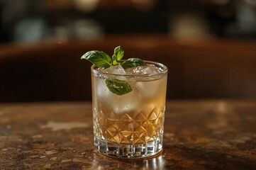 Alcoholic cocktail featuring dry gin, lemon, basil, syrup, and ice