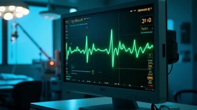 Real Time ECG Monitor Display Showing Heartbeat Waveform on Arrival. Medical EKG Screen Graphic.