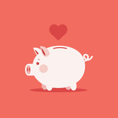 A charming pink piggy bank with a floating heart represents financial savings and care.
