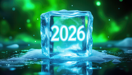 Futuristic ice cube with illuminated 2026 year in conceptual style in cool green and black tones representing new year innovation themes, tech-forward branding, sleek editorial visuals,copy space
