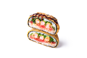 Crispy Japanese onigirazu sandwich with shrimp tempura, vegetables, and rice