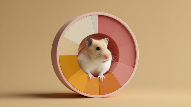 Hamster inside spinning wheel shaped like pie chart 