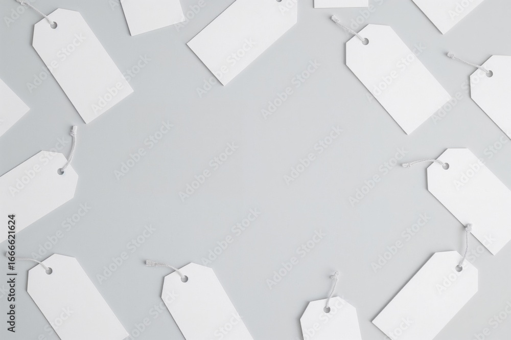 Poster empty tags on a gray surface, flat lay with room for text