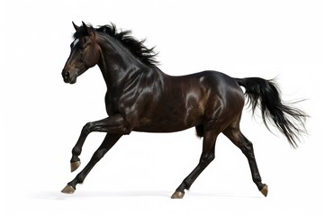 Dark stallion of the pure Spanish breed gallops freely against a white backdrop
