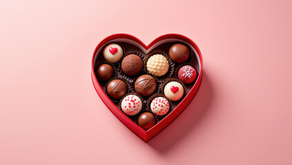 Heart-shaped chocolate assortment in romantic product photography style in red,pink,chocolate tones representing Valentine gifting inspiration,love celebration, sweet treat marketing visual,copy space