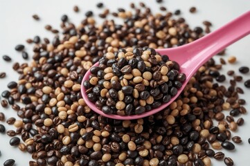Dark Beans and Grains in a Rose-Colored Spoon