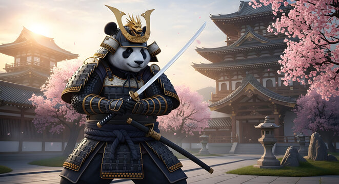An honorable panda bear samurai in full battle armor, holding a katana sword amidst a serene Japanese garden with cherry blossoms at sunrise