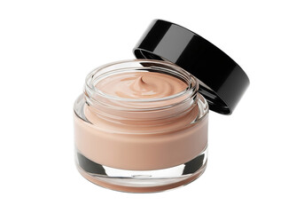 Open glass jar of light beige liquid foundation makeup with applicator brush isolated on transparent background
