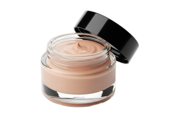 Open glass jar of light beige liquid foundation makeup with applicator brush isolated on transparent background