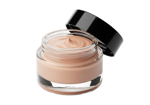Open glass jar of light beige liquid foundation makeup with applicator brush isolated on transparent background