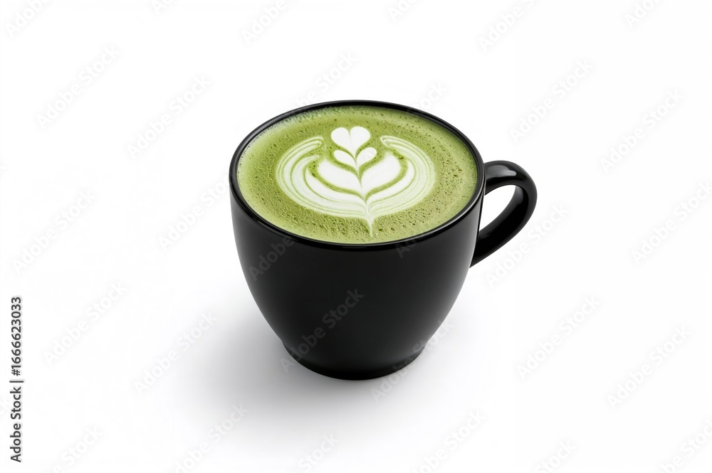 Poster dark mug filled with steaming latte topped with foam design on a plain white surface