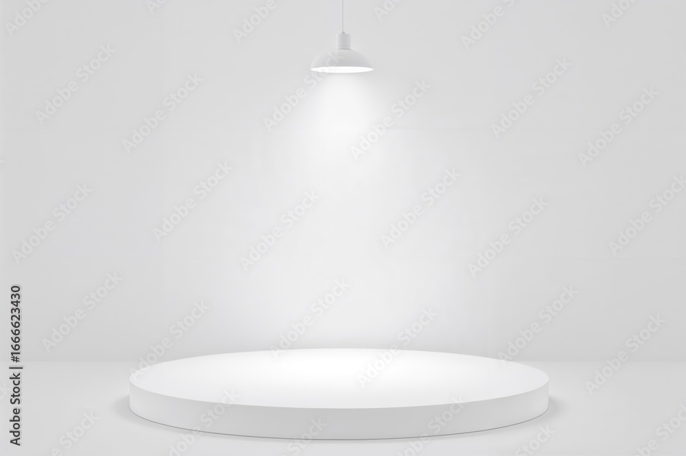 Poster empty white stage setup with spotlight and blank table for product display, featuring a white wall a