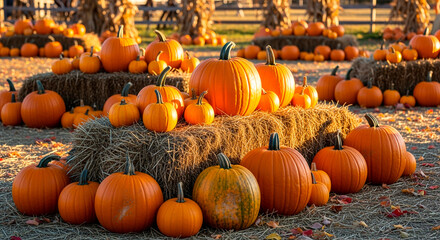 Pumpkin patch on farm with hay bales at golden hour, autumn harvest scene