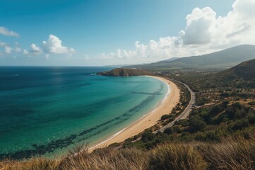 Fototapeta premium Scenic coastal view with vibrant greenery and open road under a bright sky