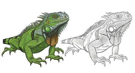 Obraz premium Detailed Green Iguana Coloring Page with a Full Color Example and Blank Outline
