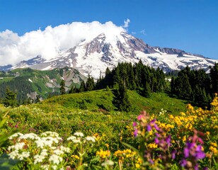 Naklejka premium Lush alpine meadow with snow-capped mountain