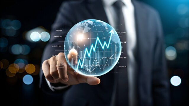Businessman holding a glowing digital globe with financial chart - Powered by Adobe