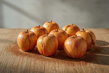 Cinnamon-spiced baked apples served on a rustic wooden surface