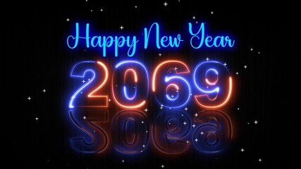 Futuristic Blue and Orange Glowing Neon Light Happy New Year 2069 Text Reveal With Floor Reflection Amid The Falling star Snow On Dark Background, Seamless Loop 4k videos 10 second