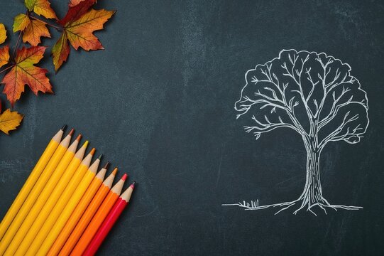 School reopening theme. Overhead banner featuring a yellow bus and colored pencils beside a tree drawing with fall leaves on a chalkboard surface - Powered by Adobe