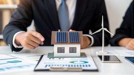 Business professionals discussing sustainable housing with solar and wind energy models