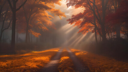 morning in the forest full of autumn tree and maple leaves