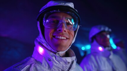 A smiling individual in a futuristic suit with goggles, surrounded by colorful lighting, suggesting a high-tech or adventurous environment.