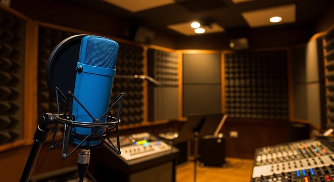Blue microphone in a professional music recording studio