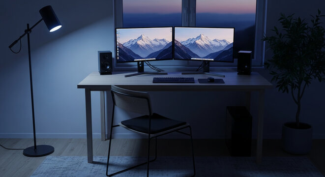 Night scene of a minimalist home office workspace with dual monitors displaying mountain landscape, wooden desk, chair, and floor lamp, showcasing productivity and serenity