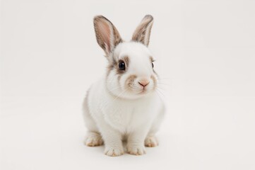Obraz premium Adorable small bunny with white and black spots on a plain backdrop.