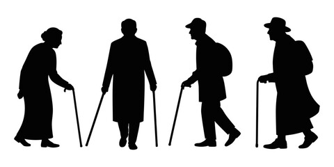 Silhouette vector of old people walking with canes, senior man and woman, elderly figures in coat and hat, editable black vector illustration, isolated on white for healthcare, aging, and design use
